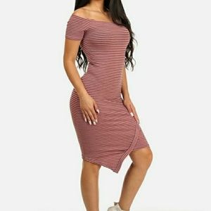 Womens off the shoulder striped bodycon dress pink